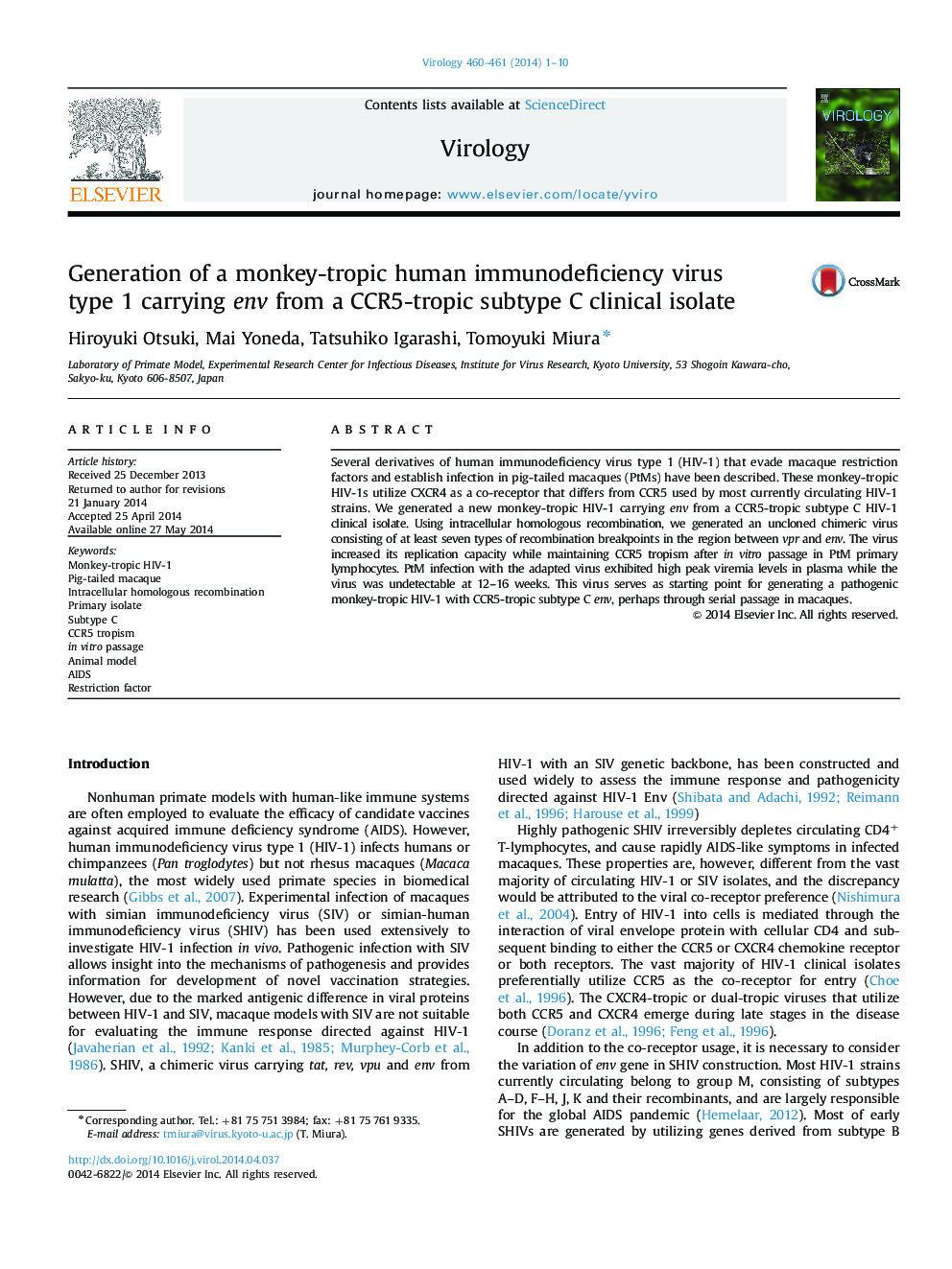 Generation of a monkey-tropic human immunodeficiency virus type 1 carrying env from a CCR5-tropic subtype C clinical isolate