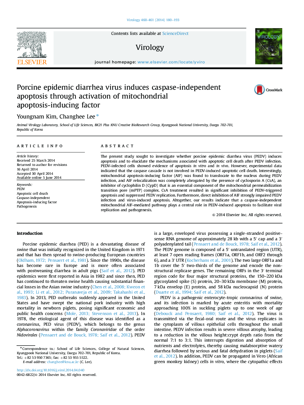 Porcine epidemic diarrhea virus induces caspase-independent apoptosis through activation of mitochondrial apoptosis-inducing factor