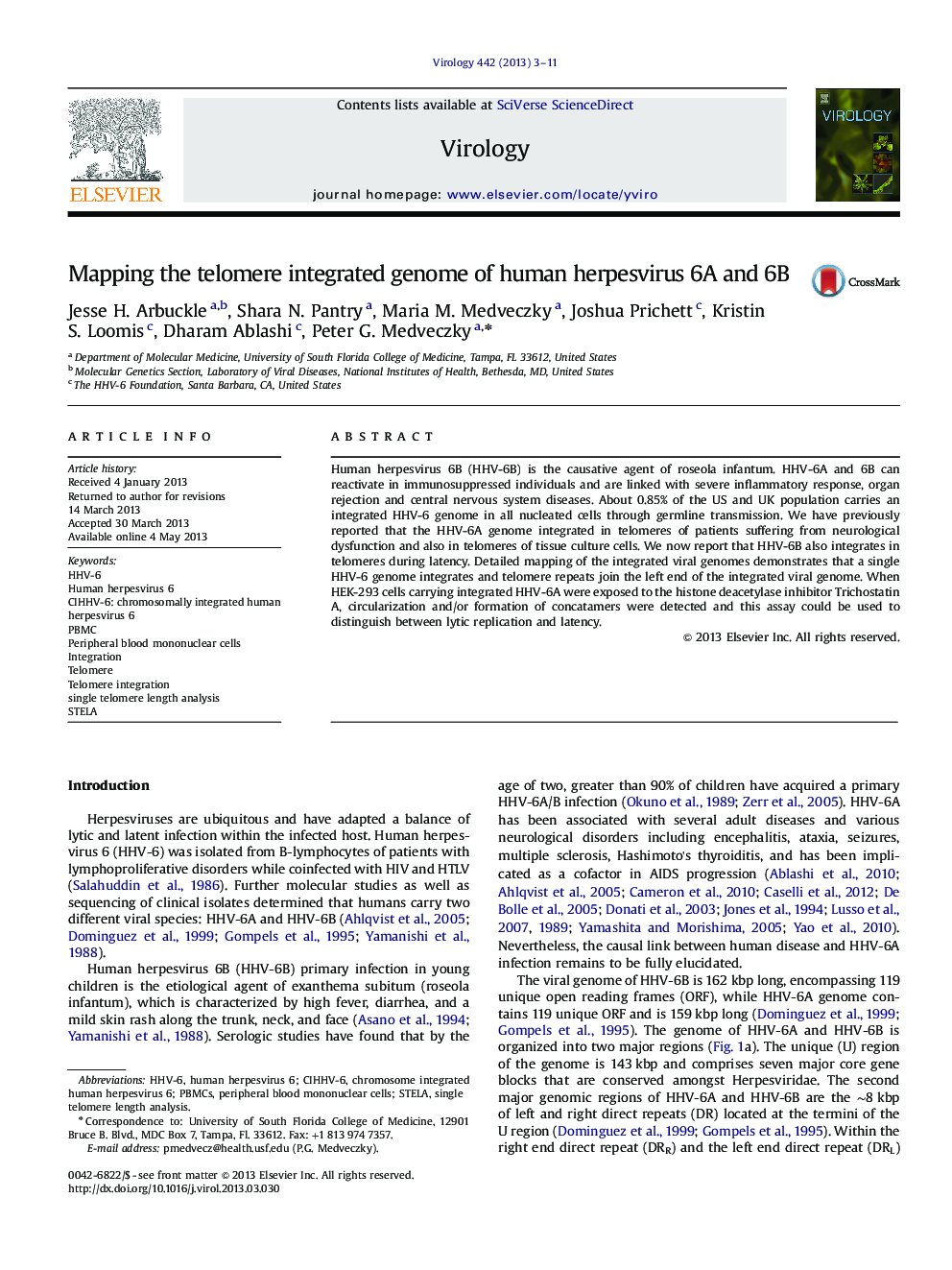 Mapping the telomere integrated genome of human herpesvirus 6A and 6B