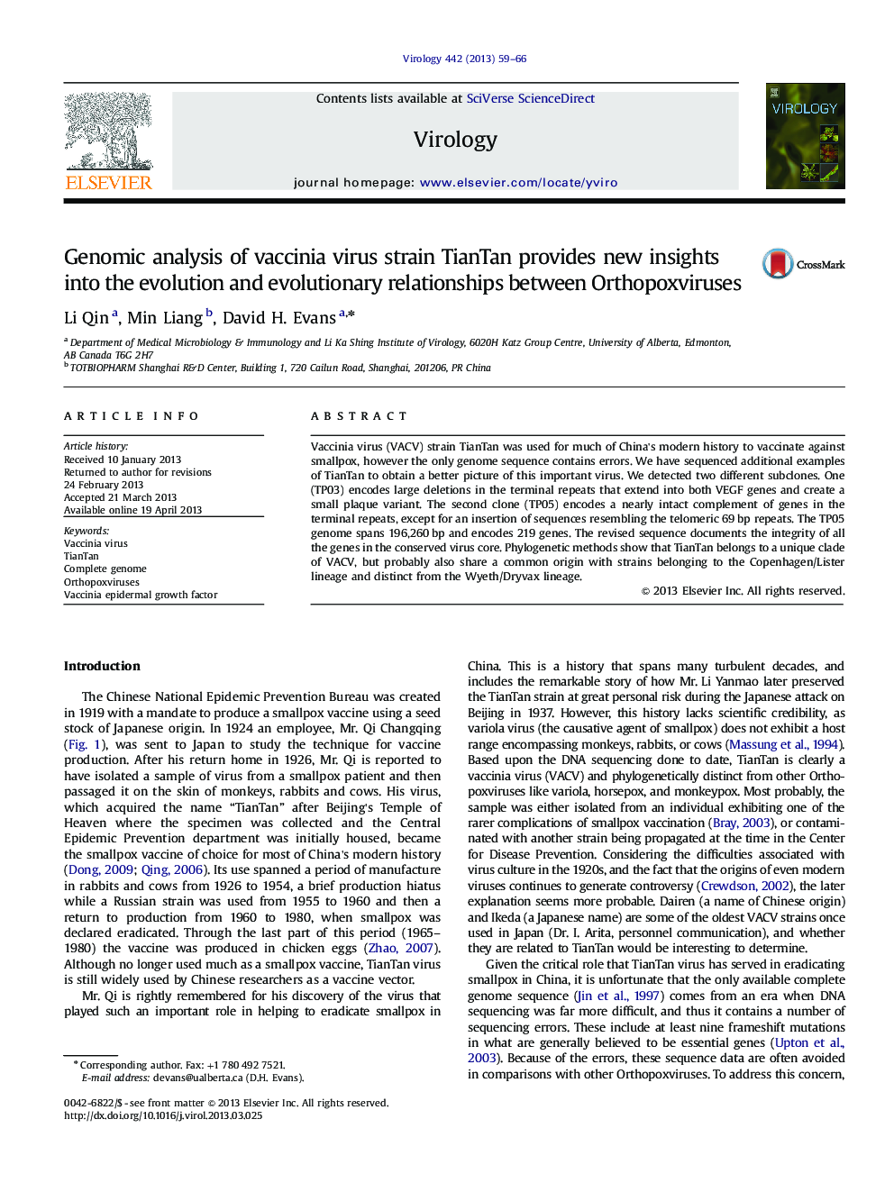 Genomic analysis of vaccinia virus strain TianTan provides new insights into the evolution and evolutionary relationships between Orthopoxviruses