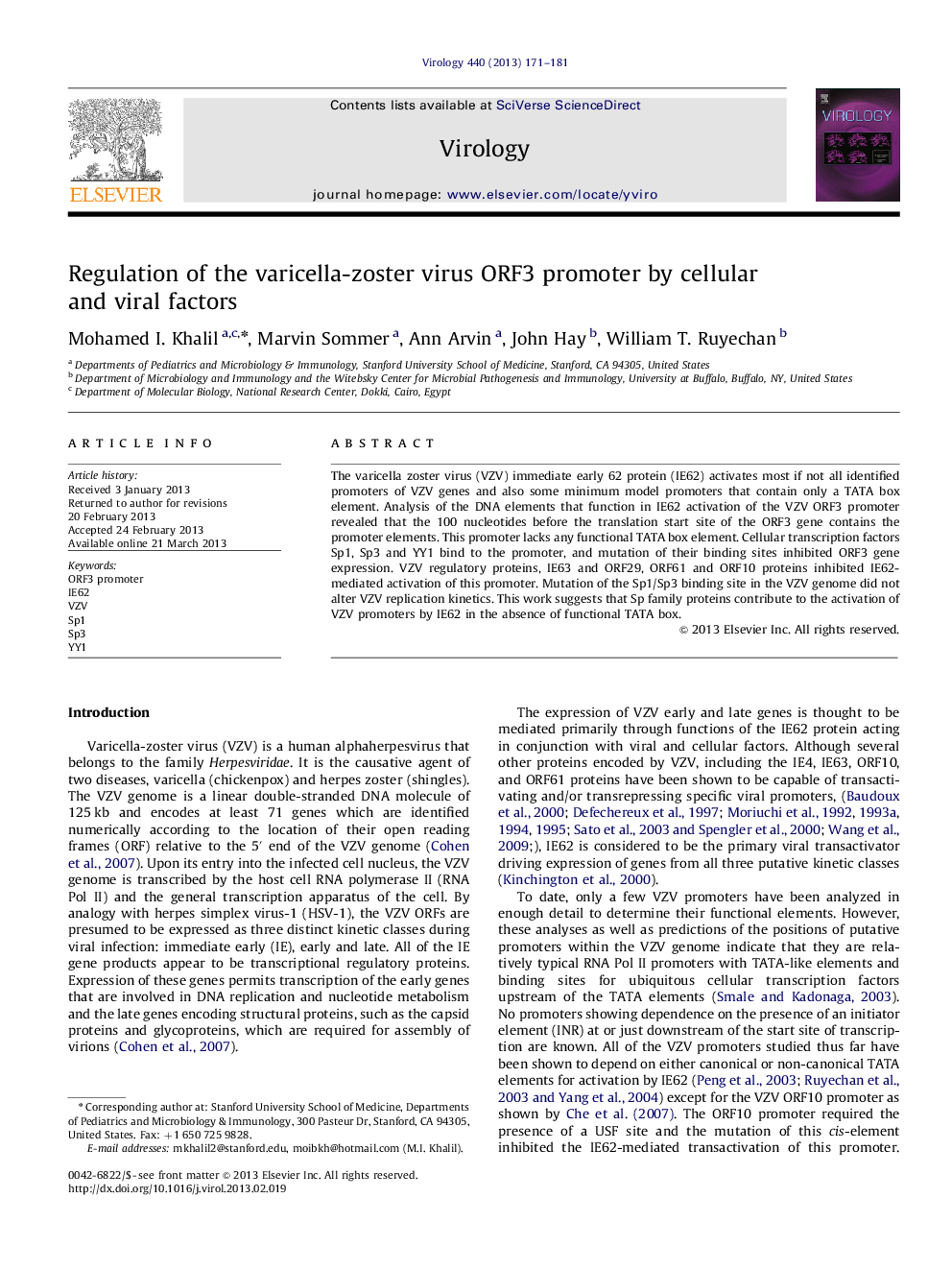 Regulation of the varicella-zoster virus ORF3 promoter by cellular and viral factors