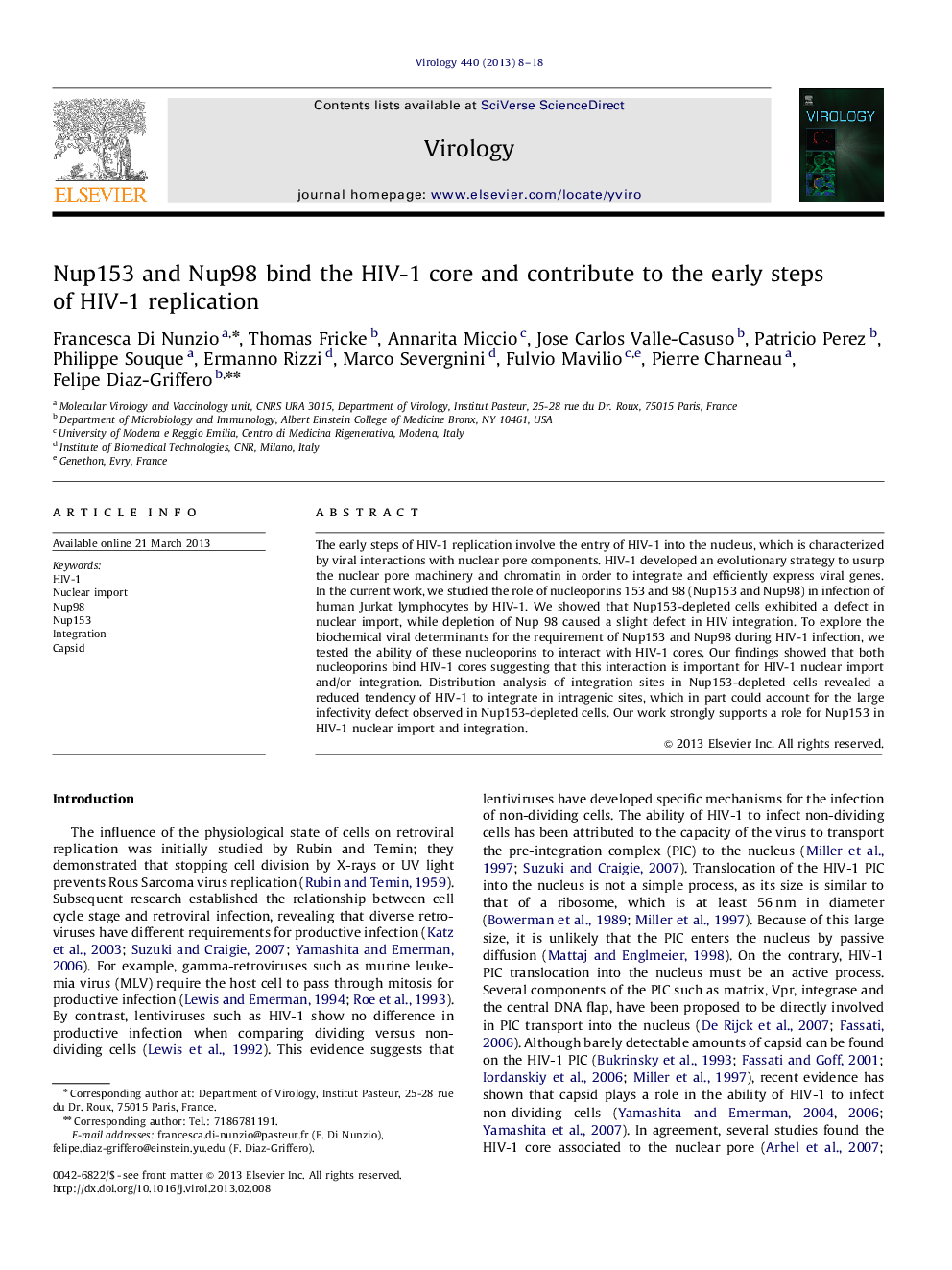 Nup153 and Nup98 bind the HIV-1 core and contribute to the early steps of HIV-1 replication