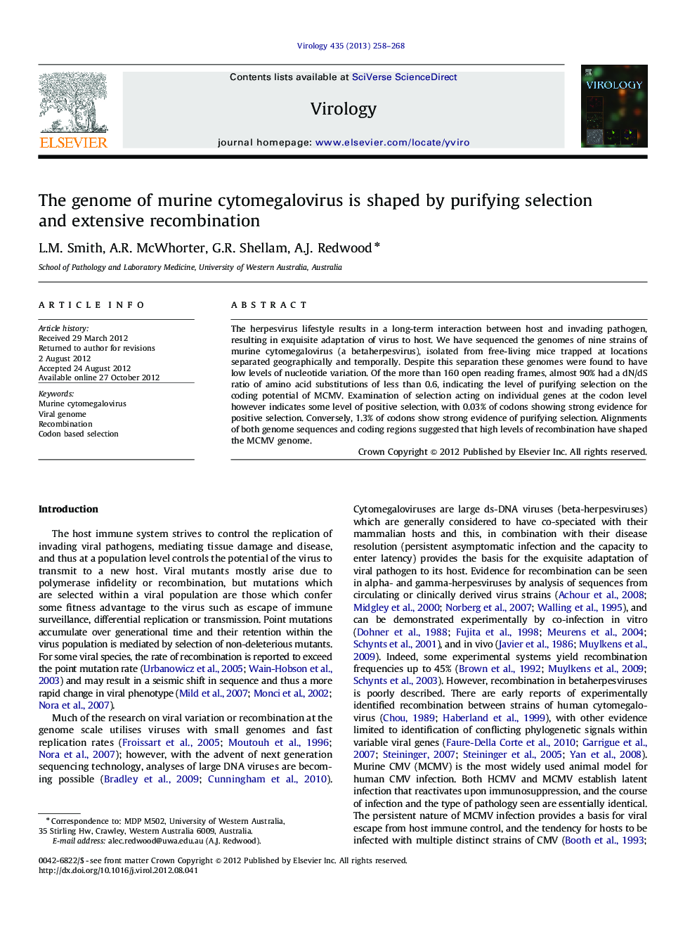 The genome of murine cytomegalovirus is shaped by purifying selection and extensive recombination