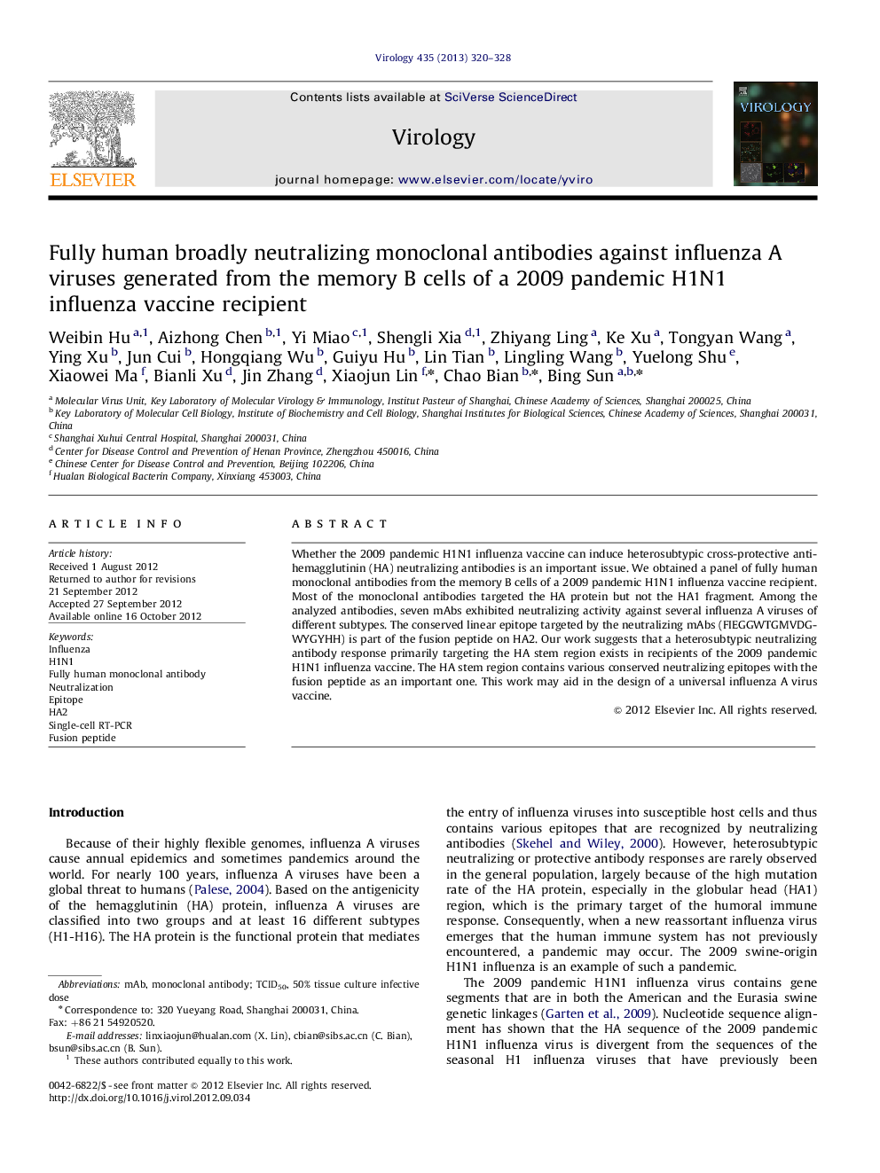 Fully human broadly neutralizing monoclonal antibodies against influenza A viruses generated from the memory B cells of a 2009 pandemic H1N1 influenza vaccine recipient