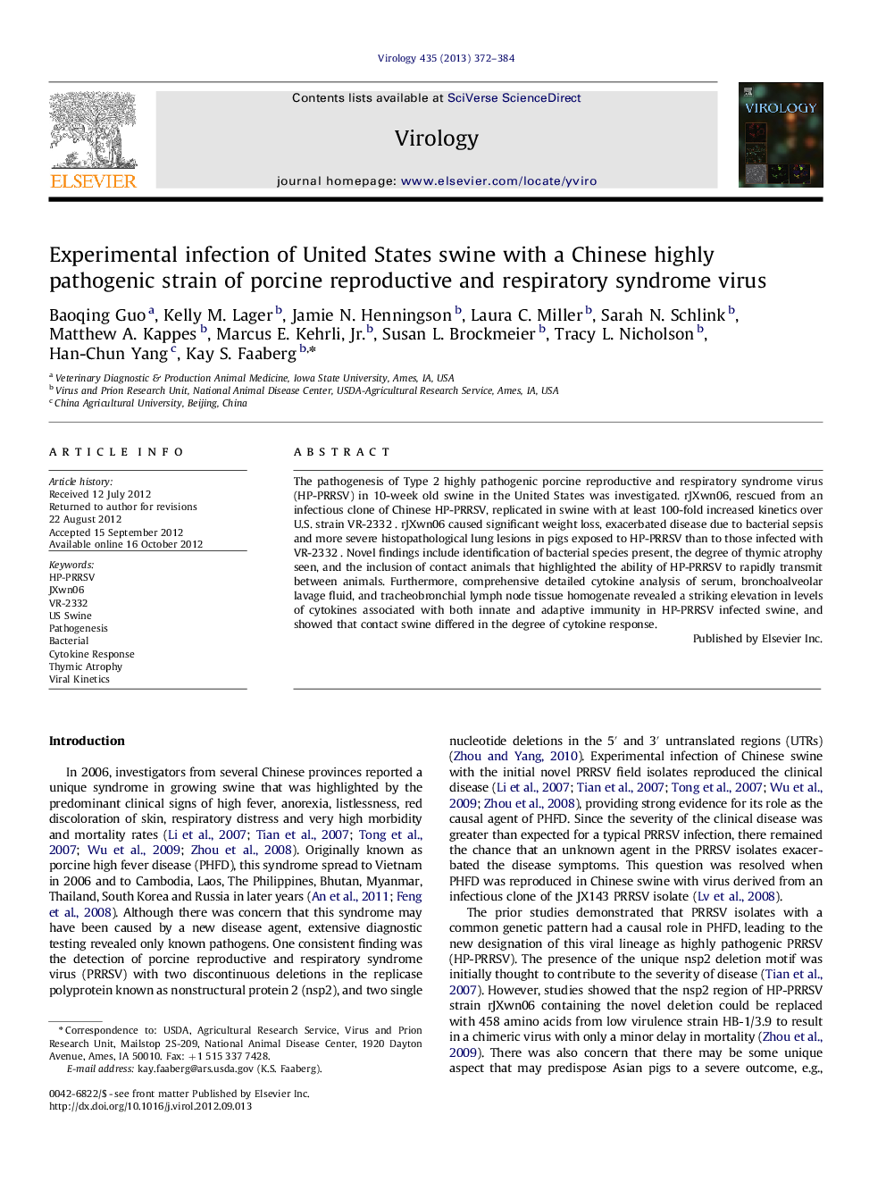 Experimental infection of United States swine with a Chinese highly pathogenic strain of porcine reproductive and respiratory syndrome virus