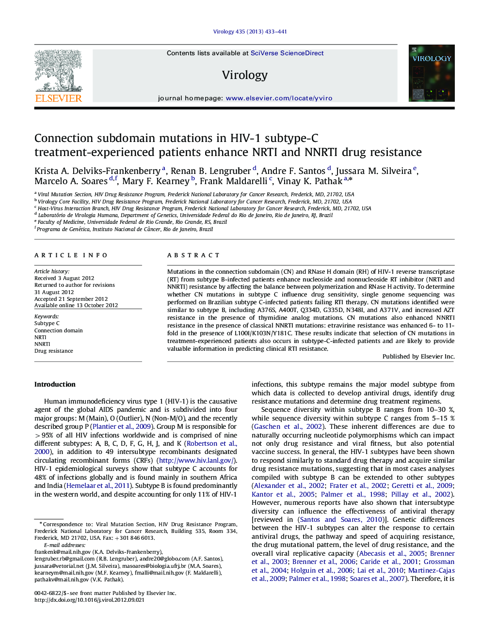 Connection subdomain mutations in HIV-1 subtype-C treatment-experienced patients enhance NRTI and NNRTI drug resistance