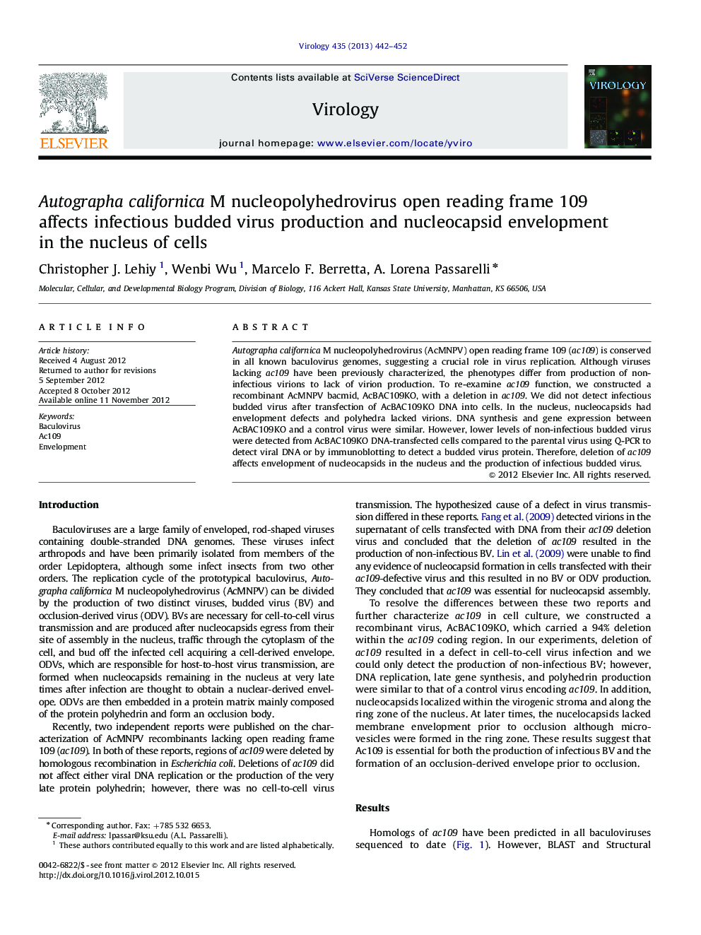 Autographa californica M nucleopolyhedrovirus open reading frame 109 affects infectious budded virus production and nucleocapsid envelopment in the nucleus of cells