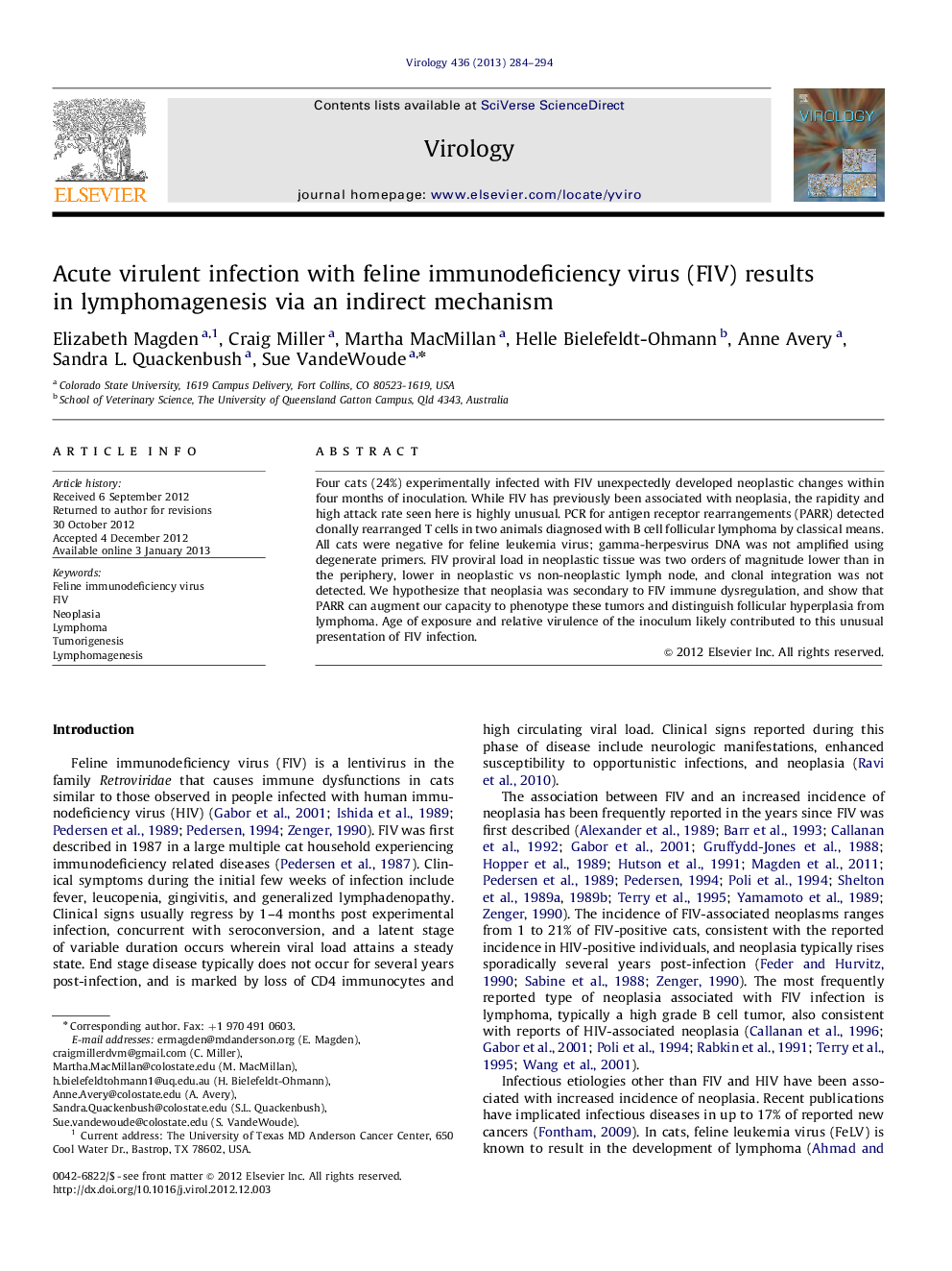 Acute virulent infection with feline immunodeficiency virus (FIV) results in lymphomagenesis via an indirect mechanism