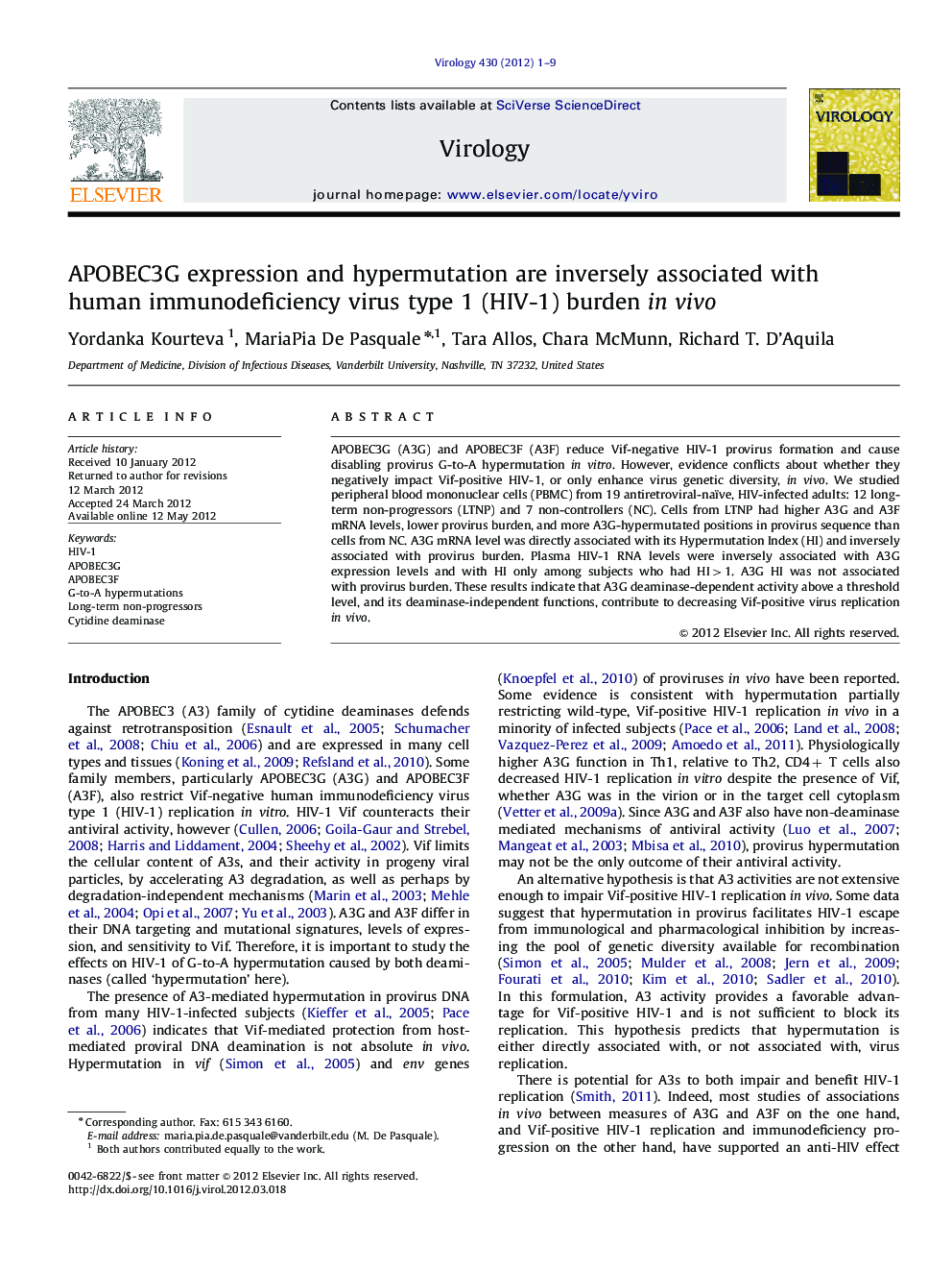 APOBEC3G expression and hypermutation are inversely associated with human immunodeficiency virus type 1 (HIV-1) burden in vivo