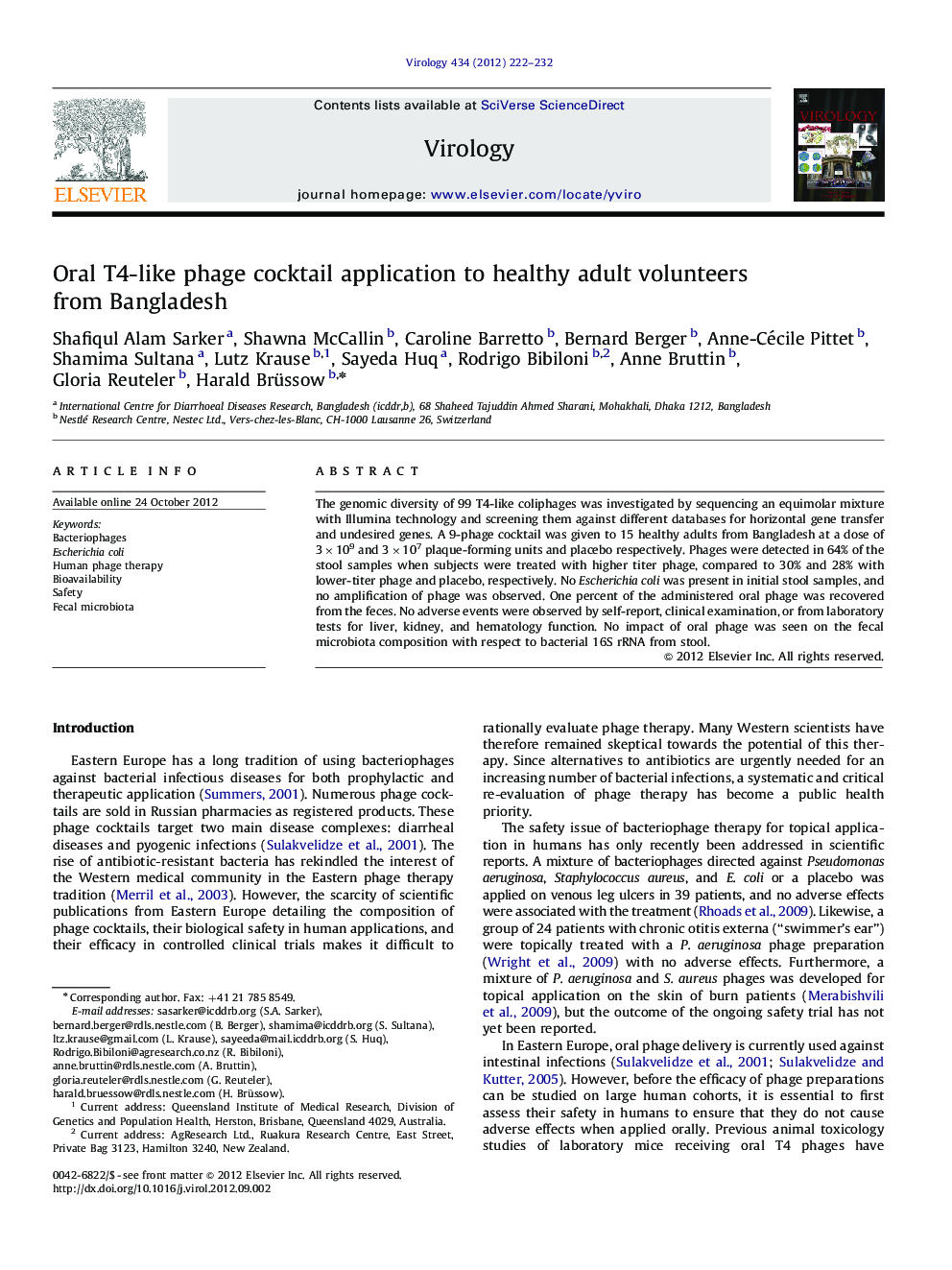 Oral T4-like phage cocktail application to healthy adult volunteers from Bangladesh