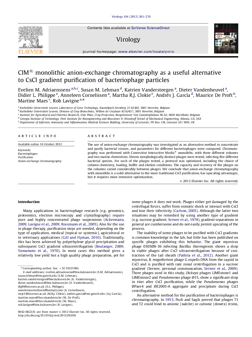 عکس صفحه اول مقاله: CIM® monolithic anion-exchange chromatography as a useful alternative to CsCl gradient purification of bacteriophage particles CIM® monolithic anion-exchange chromatography as a useful alternative to CsCl gradient purification of bacteriophage particles