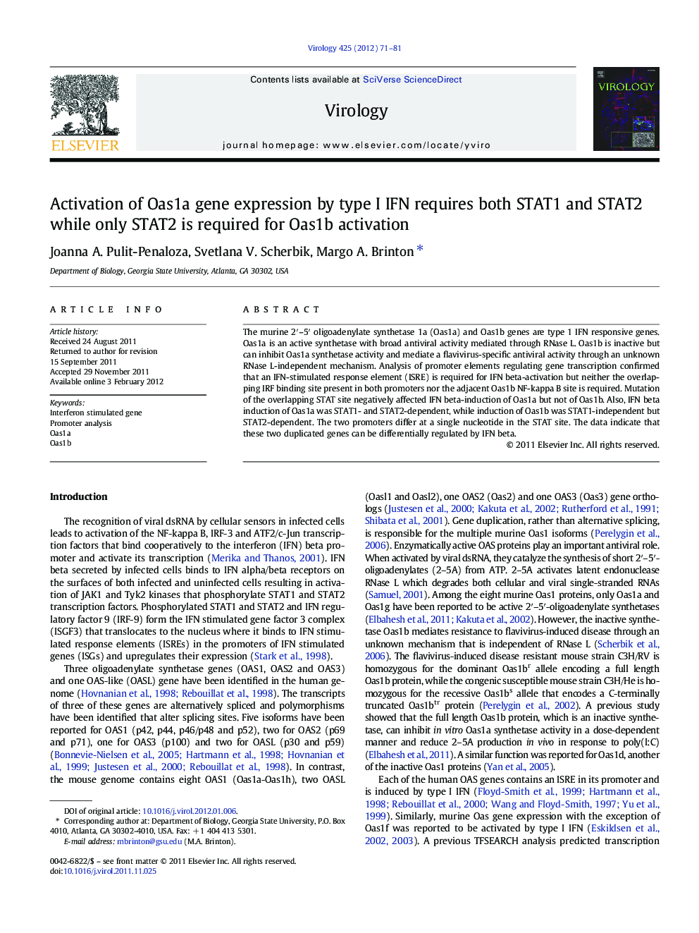 Activation of Oas1a gene expression by type I IFN requires both STAT1 and STAT2 while only STAT2 is required for Oas1b activation