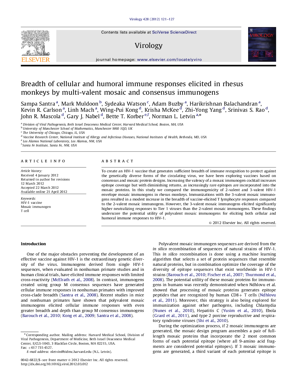 Breadth of cellular and humoral immune responses elicited in rhesus monkeys by multi-valent mosaic and consensus immunogens