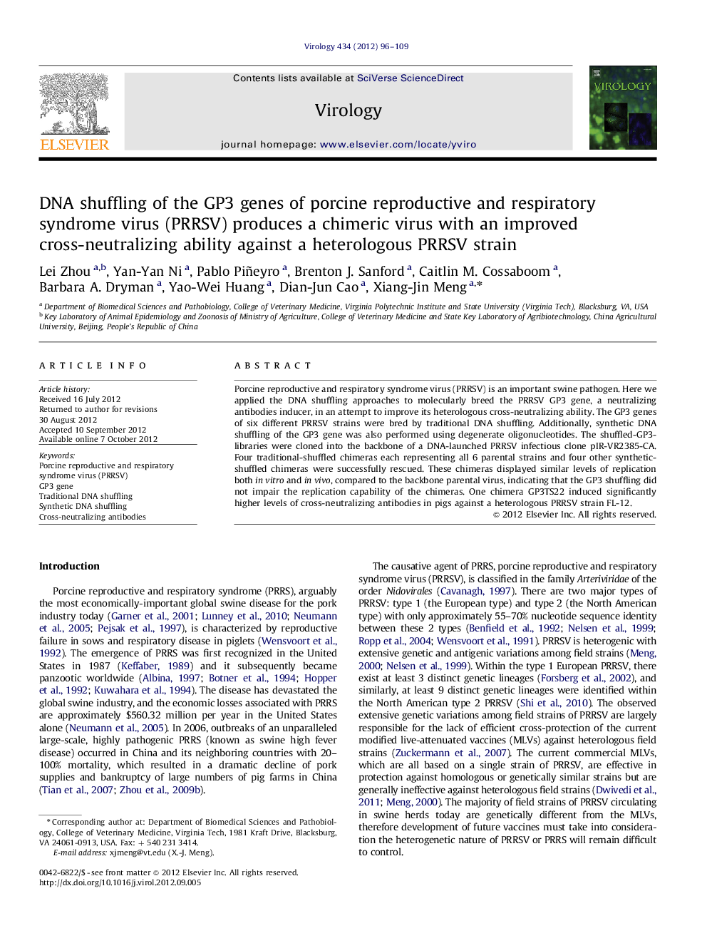 DNA shuffling of the GP3 genes of porcine reproductive and respiratory syndrome virus (PRRSV) produces a chimeric virus with an improved cross-neutralizing ability against a heterologous PRRSV strain