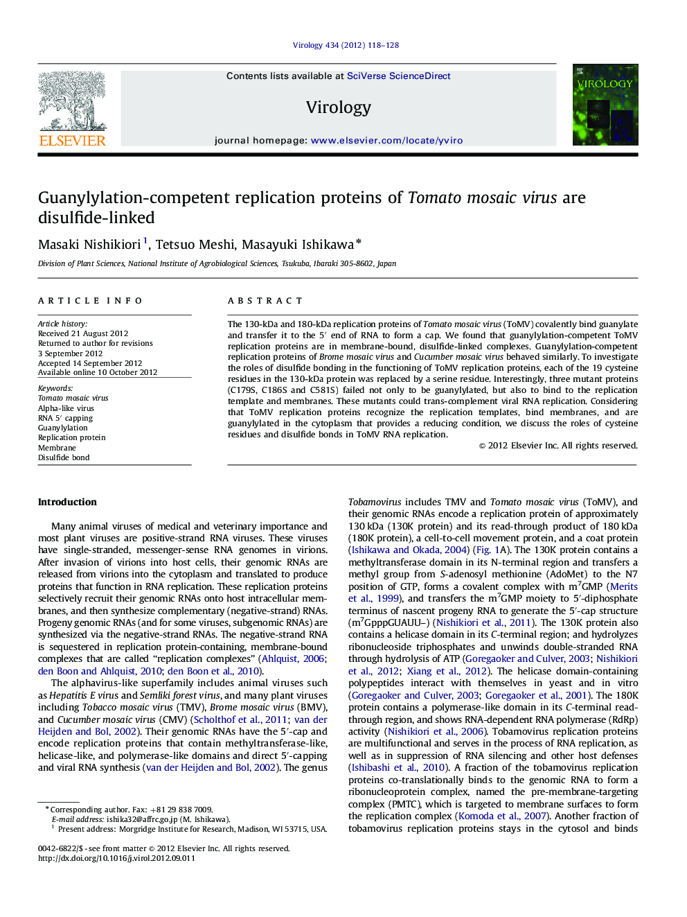 Guanylylation-competent replication proteins of Tomato mosaic virus are disulfide-linked