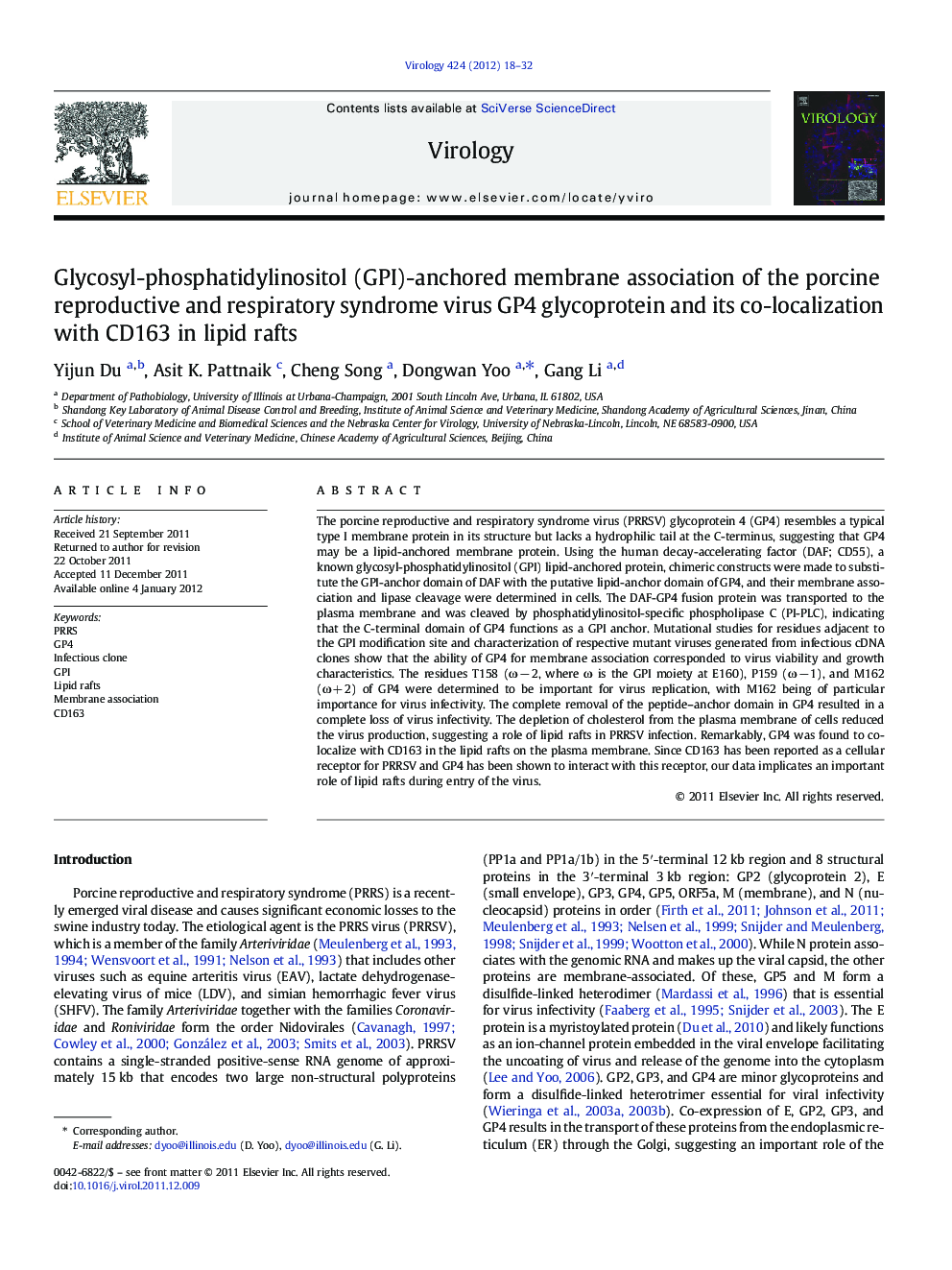 Glycosyl-phosphatidylinositol (GPI)-anchored membrane association of the porcine reproductive and respiratory syndrome virus GP4 glycoprotein and its co-localization with CD163 in lipid rafts