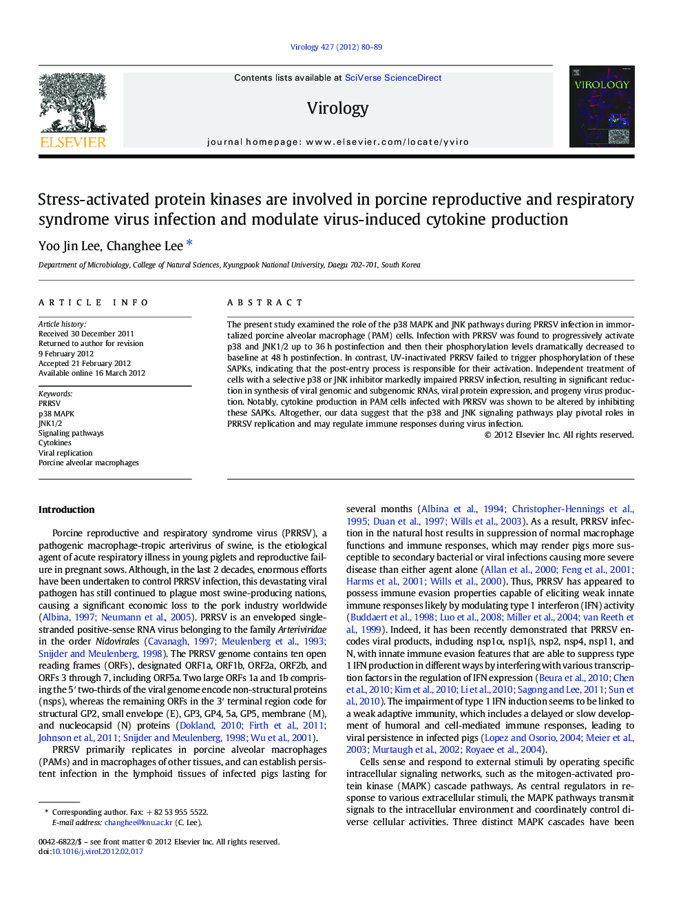 Stress-activated protein kinases are involved in porcine reproductive and respiratory syndrome virus infection and modulate virus-induced cytokine production