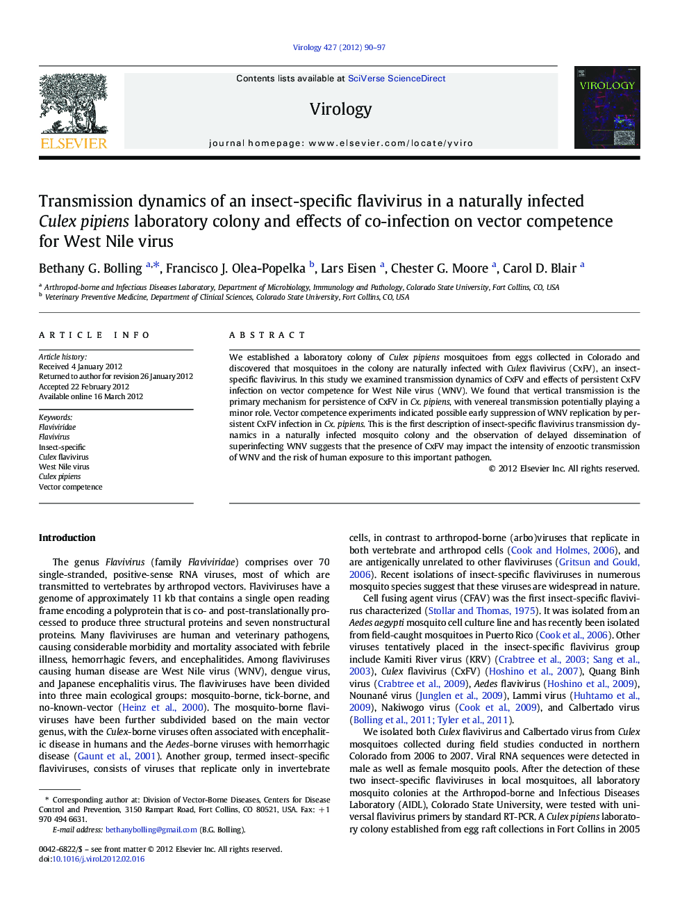 Transmission dynamics of an insect-specific flavivirus in a naturally infected Culex pipiens laboratory colony and effects of co-infection on vector competence for West Nile virus