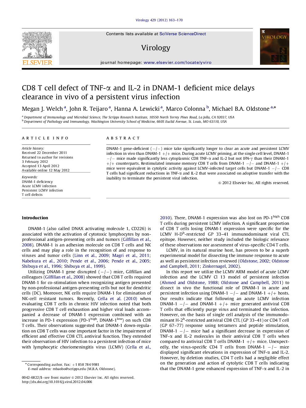 عکس صفحه اول مقاله: CD8 T cell defect of TNF-α and IL-2 in DNAM-1 deficient mice delays clearance in vivo of a persistent virus infection CD8 T cell defect of TNF-α and IL-2 in DNAM-1 deficient mice delays clearance in vivo of a persistent virus infection