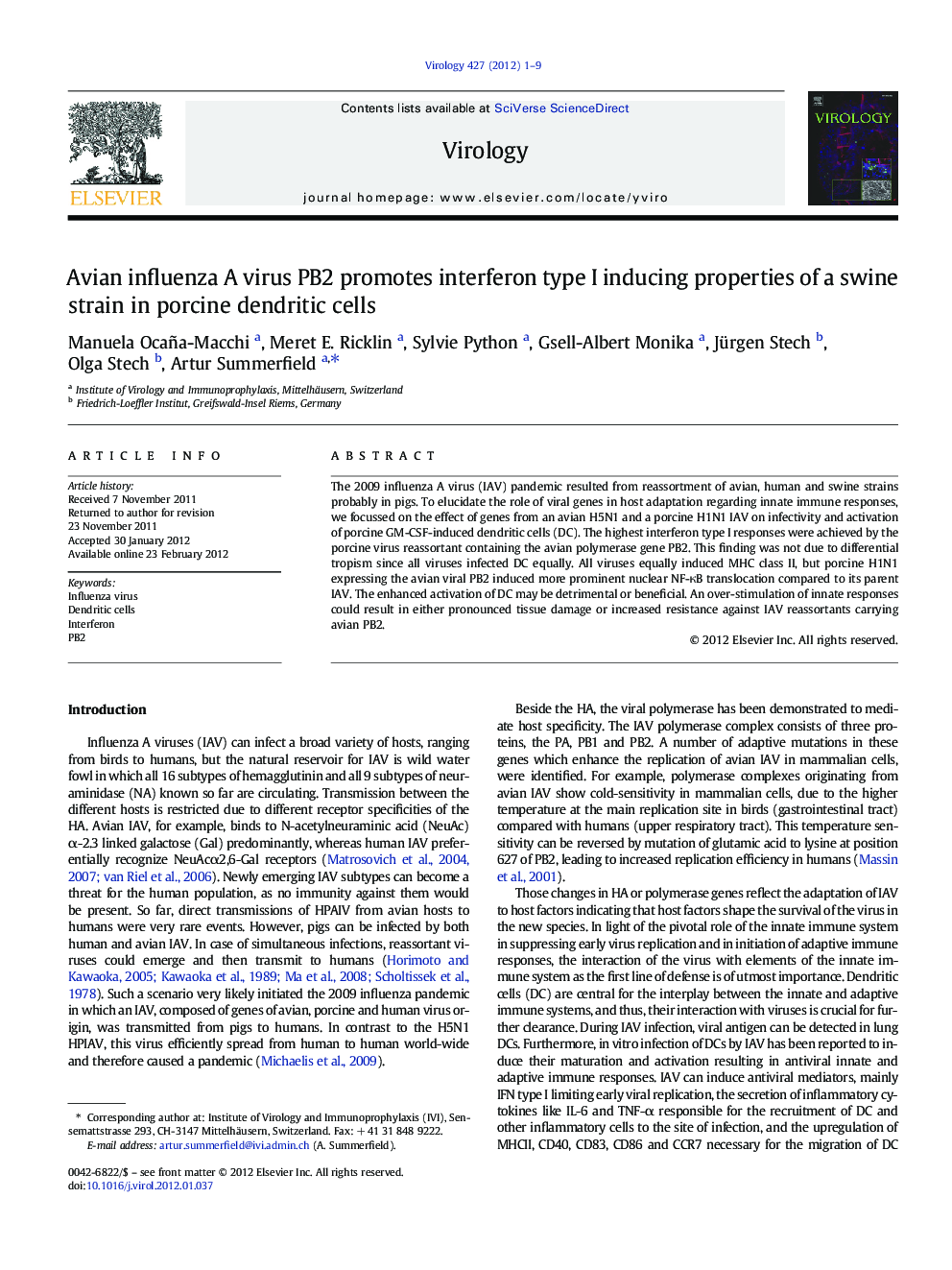 Avian influenza A virus PB2 promotes interferon type I inducing properties of a swine strain in porcine dendritic cells