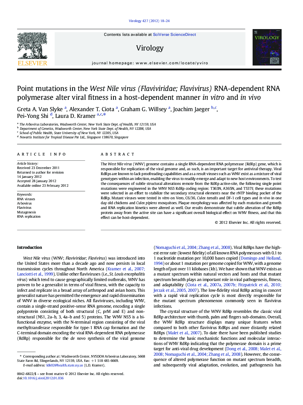 Point mutations in the West Nile virus (Flaviviridae; Flavivirus) RNA-dependent RNA polymerase alter viral fitness in a host-dependent manner in vitro and in vivo