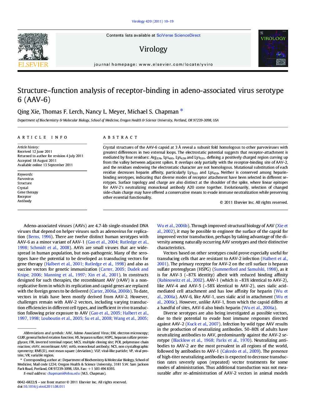 Structure–function analysis of receptor-binding in adeno-associated virus serotype 6 (AAV-6)