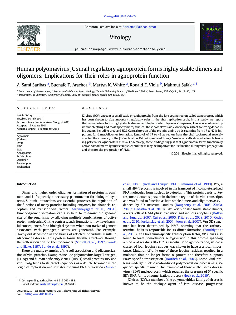 Human polyomavirus JC small regulatory agnoprotein forms highly stable dimers and oligomers: Implications for their roles in agnoprotein function