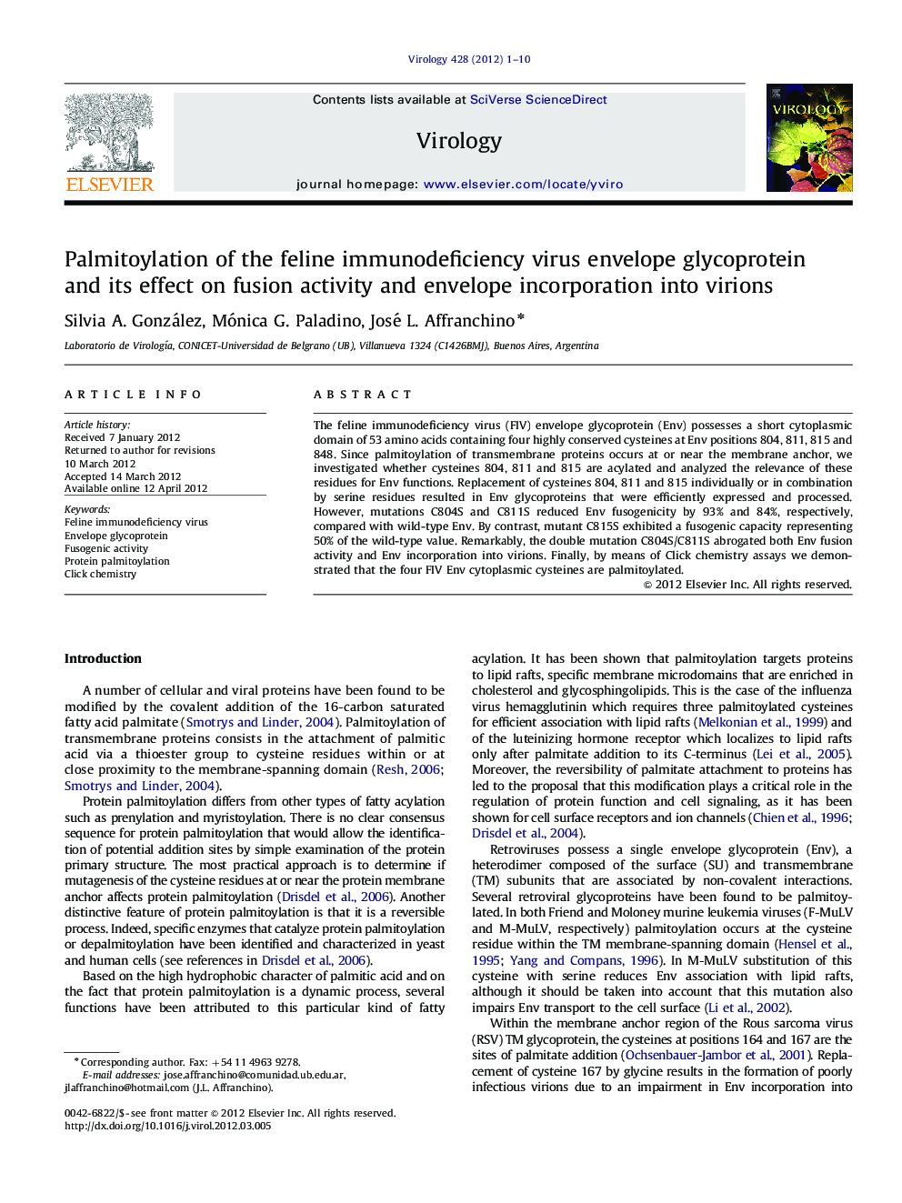 Palmitoylation of the feline immunodeficiency virus envelope glycoprotein and its effect on fusion activity and envelope incorporation into virions