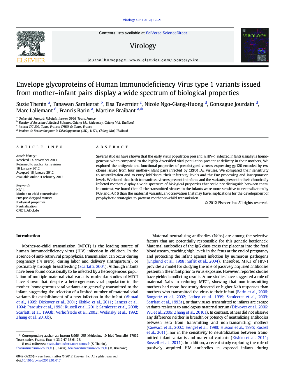 Envelope glycoproteins of Human Immunodeficiency Virus type 1 variants issued from mother–infant pairs display a wide spectrum of biological properties