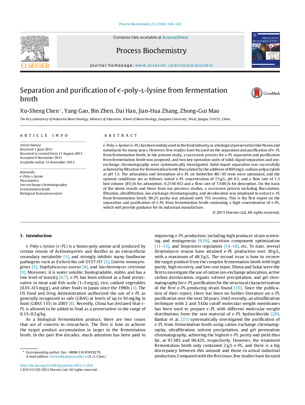 Separation and purification of ϵ-poly-l-lysine from fermentation broth