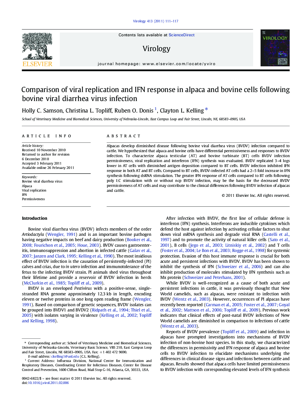 Comparison of viral replication and IFN response in alpaca and bovine cells following bovine viral diarrhea virus infection