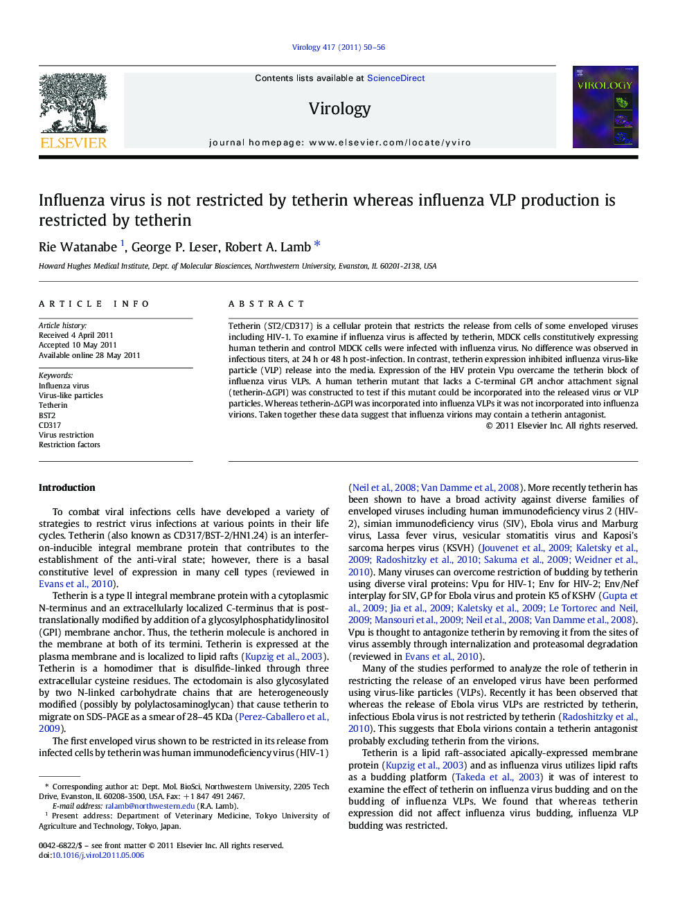 Influenza virus is not restricted by tetherin whereas influenza VLP production is restricted by tetherin