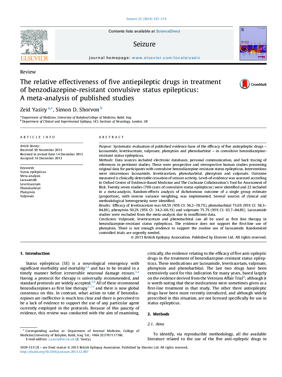 The relative effectiveness of five antiepileptic drugs in treatment of benzodiazepine-resistant convulsive status epilepticus: A meta-analysis of published studies