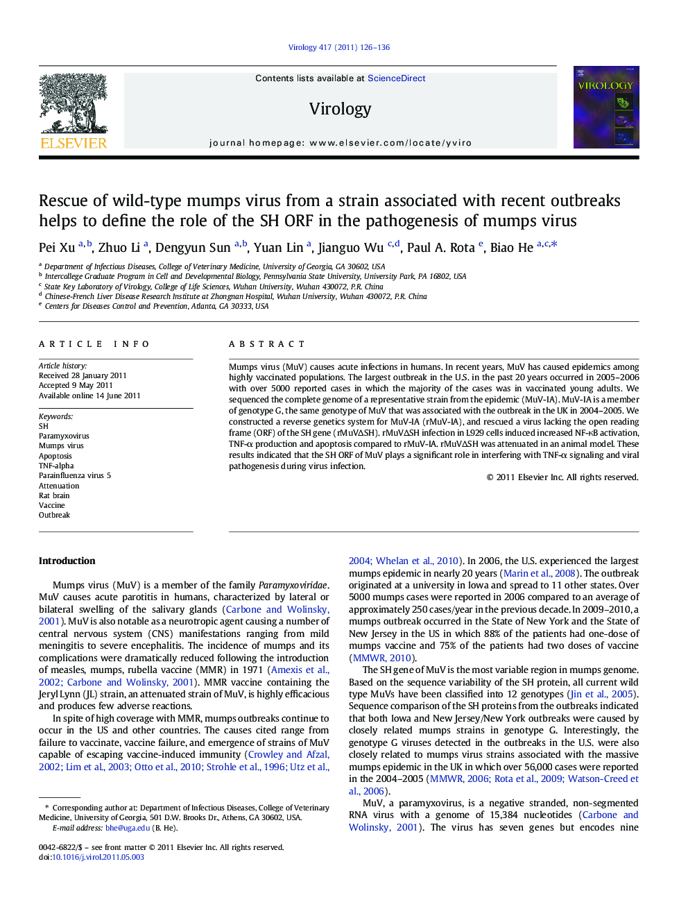 Rescue of wild-type mumps virus from a strain associated with recent outbreaks helps to define the role of the SH ORF in the pathogenesis of mumps virus