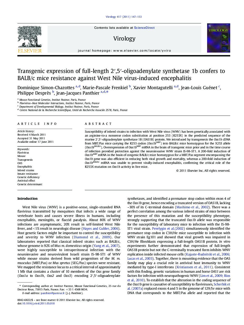 Transgenic expression of full-length 2′,5′-oligoadenylate synthetase 1b confers to BALB/c mice resistance against West Nile virus-induced encephalitis