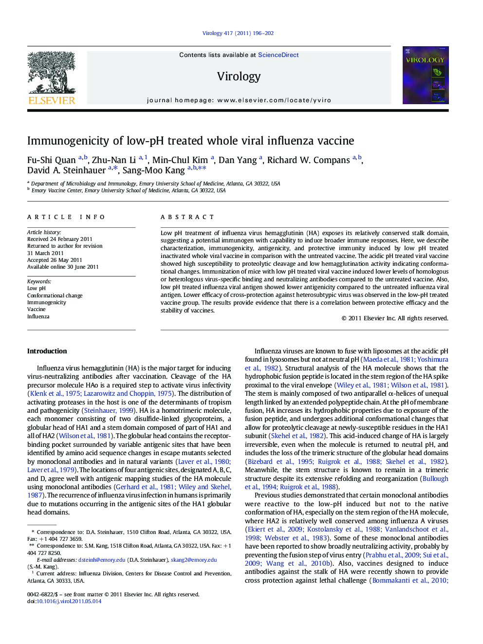 Immunogenicity of low-pH treated whole viral influenza vaccine