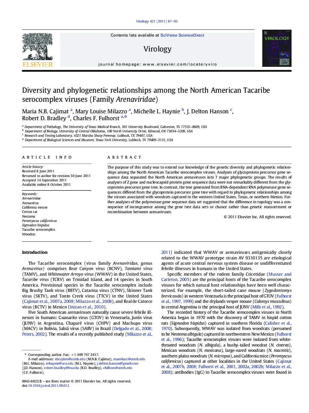 Diversity and phylogenetic relationships among the North American Tacaribe serocomplex viruses (Family Arenaviridae)