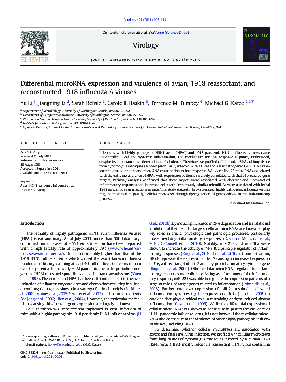 Differential microRNA expression and virulence of avian, 1918 reassortant, and reconstructed 1918 influenza A viruses