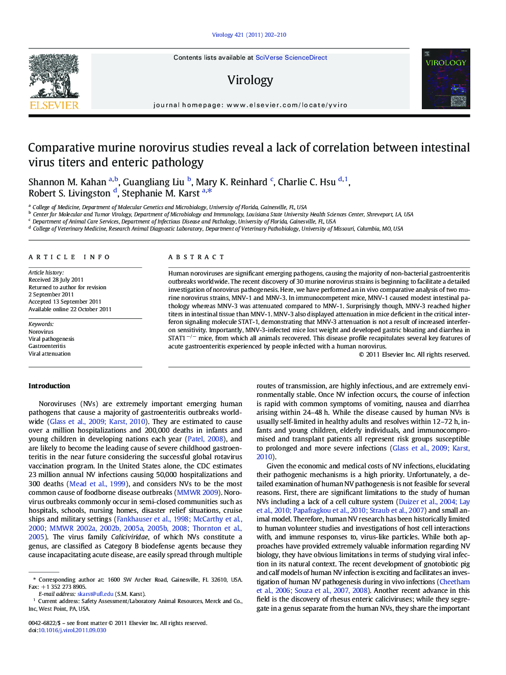 Comparative murine norovirus studies reveal a lack of correlation between intestinal virus titers and enteric pathology