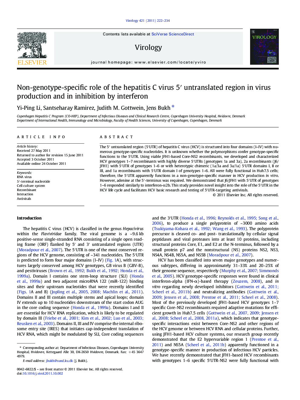 Non-genotype-specific role of the hepatitis C virus 5′ untranslated region in virus production and in inhibition by interferon