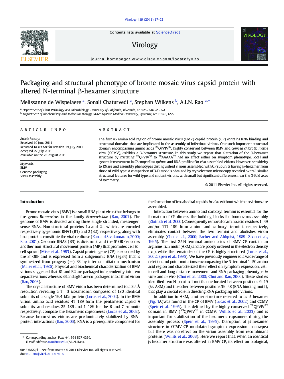 عکس صفحه اول مقاله: Packaging and structural phenotype of brome mosaic virus capsid protein with altered N-terminal β-hexamer structure Packaging and structural phenotype of brome mosaic virus capsid protein with altered N-terminal β-hexamer structure