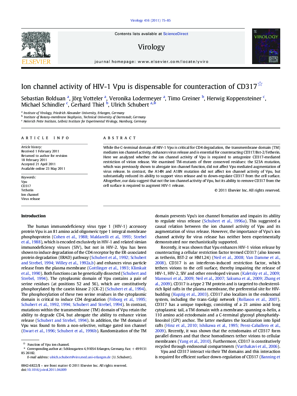 Ion channel activity of HIV-1 Vpu is dispensable for counteraction of CD317 