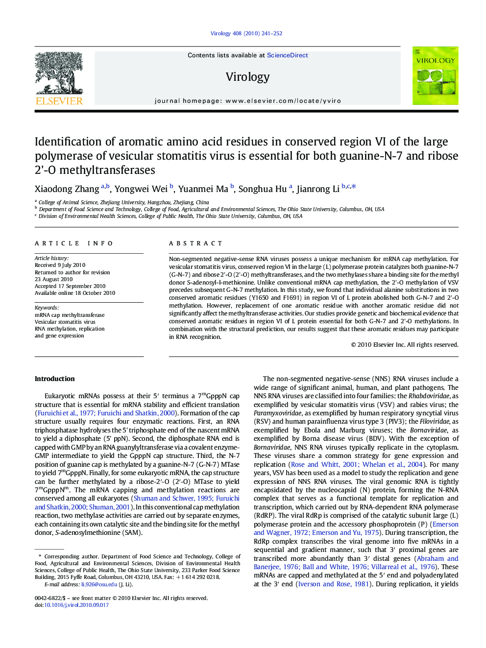 Identification of aromatic amino acid residues in conserved region VI of the large polymerase of vesicular stomatitis virus is essential for both guanine-N-7 and ribose 2'-O methyltransferases