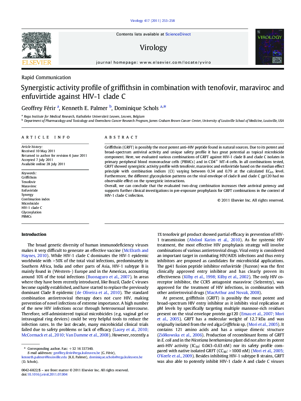 Synergistic activity profile of griffithsin in combination with tenofovir, maraviroc and enfuvirtide against HIV-1 clade C