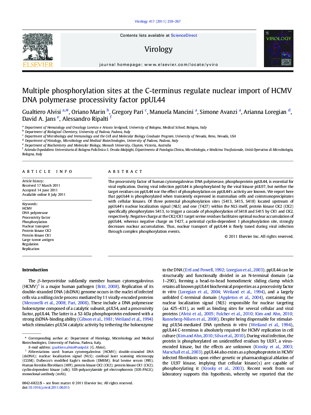 Multiple phosphorylation sites at the C-terminus regulate nuclear import of HCMV DNA polymerase processivity factor ppUL44