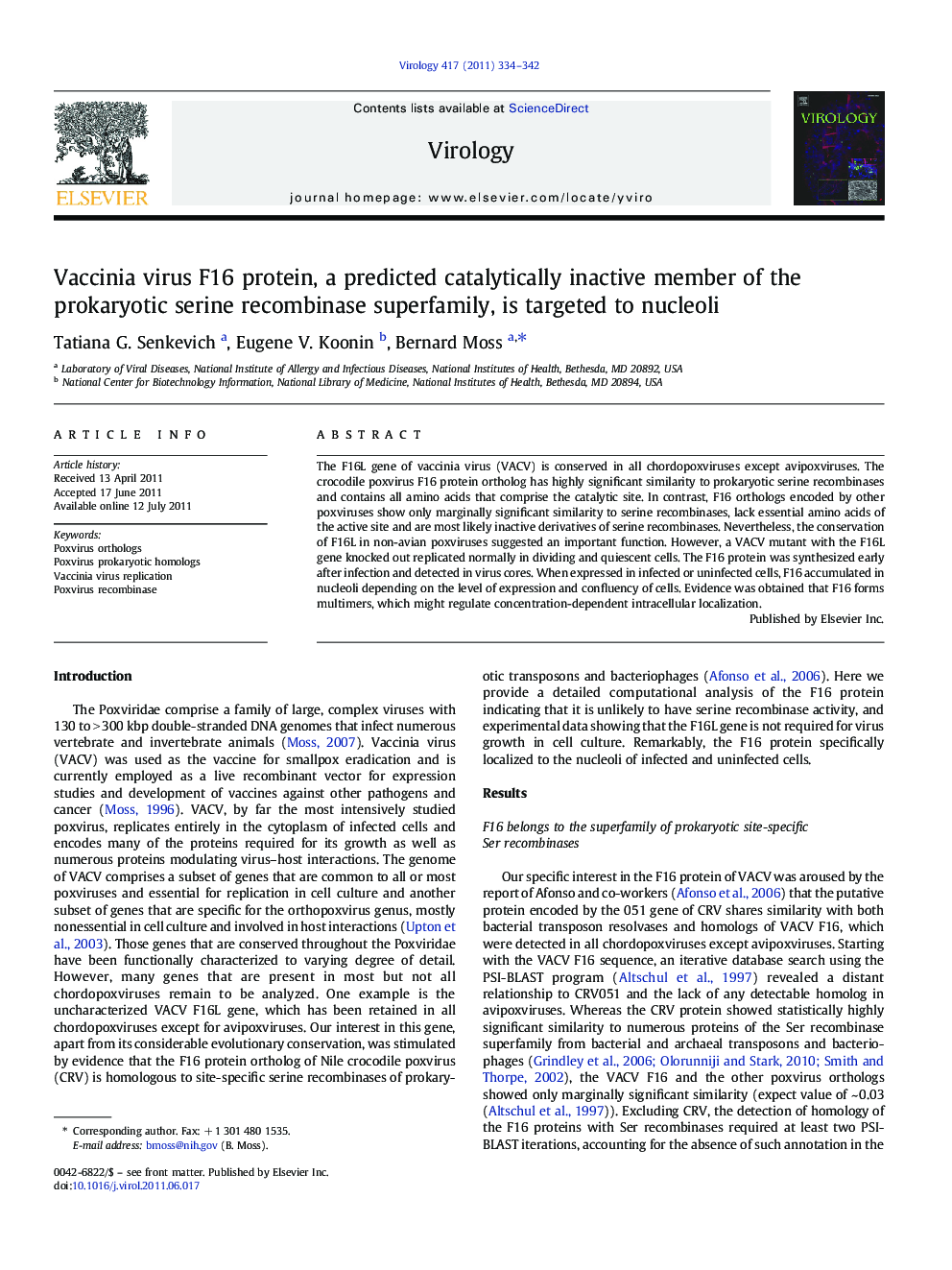 Vaccinia virus F16 protein, a predicted catalytically inactive member of the prokaryotic serine recombinase superfamily, is targeted to nucleoli