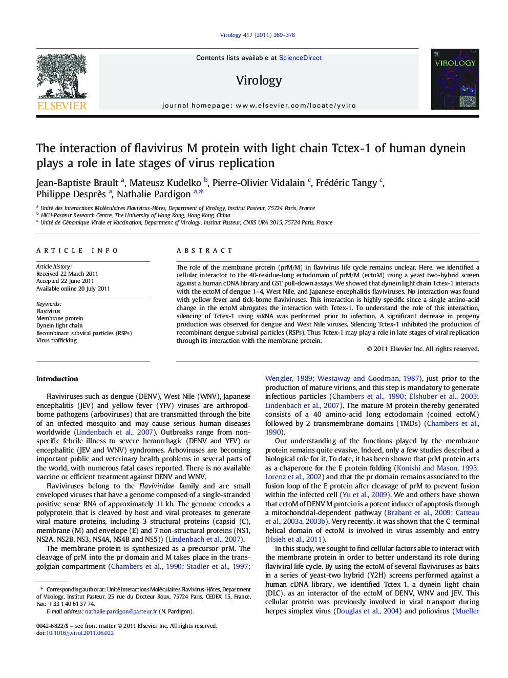 The interaction of flavivirus M protein with light chain Tctex-1 of human dynein plays a role in late stages of virus replication