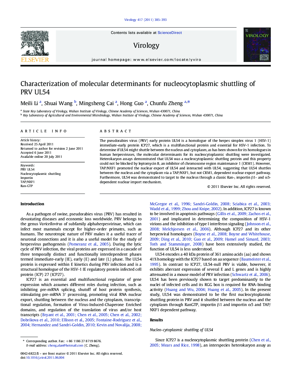 Characterization of molecular determinants for nucleocytoplasmic shuttling of PRV UL54