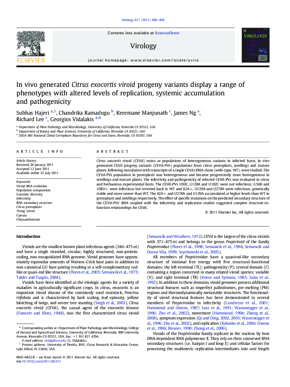 In vivo generated Citrus exocortis viroid progeny variants display a range of phenotypes with altered levels of replication, systemic accumulation and pathogenicity