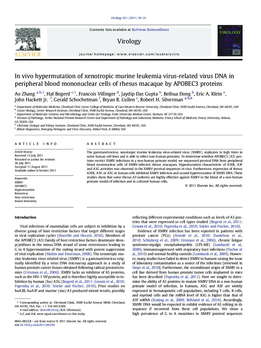 In vivo hypermutation of xenotropic murine leukemia virus-related virus DNA in peripheral blood mononuclear cells of rhesus macaque by APOBEC3 proteins